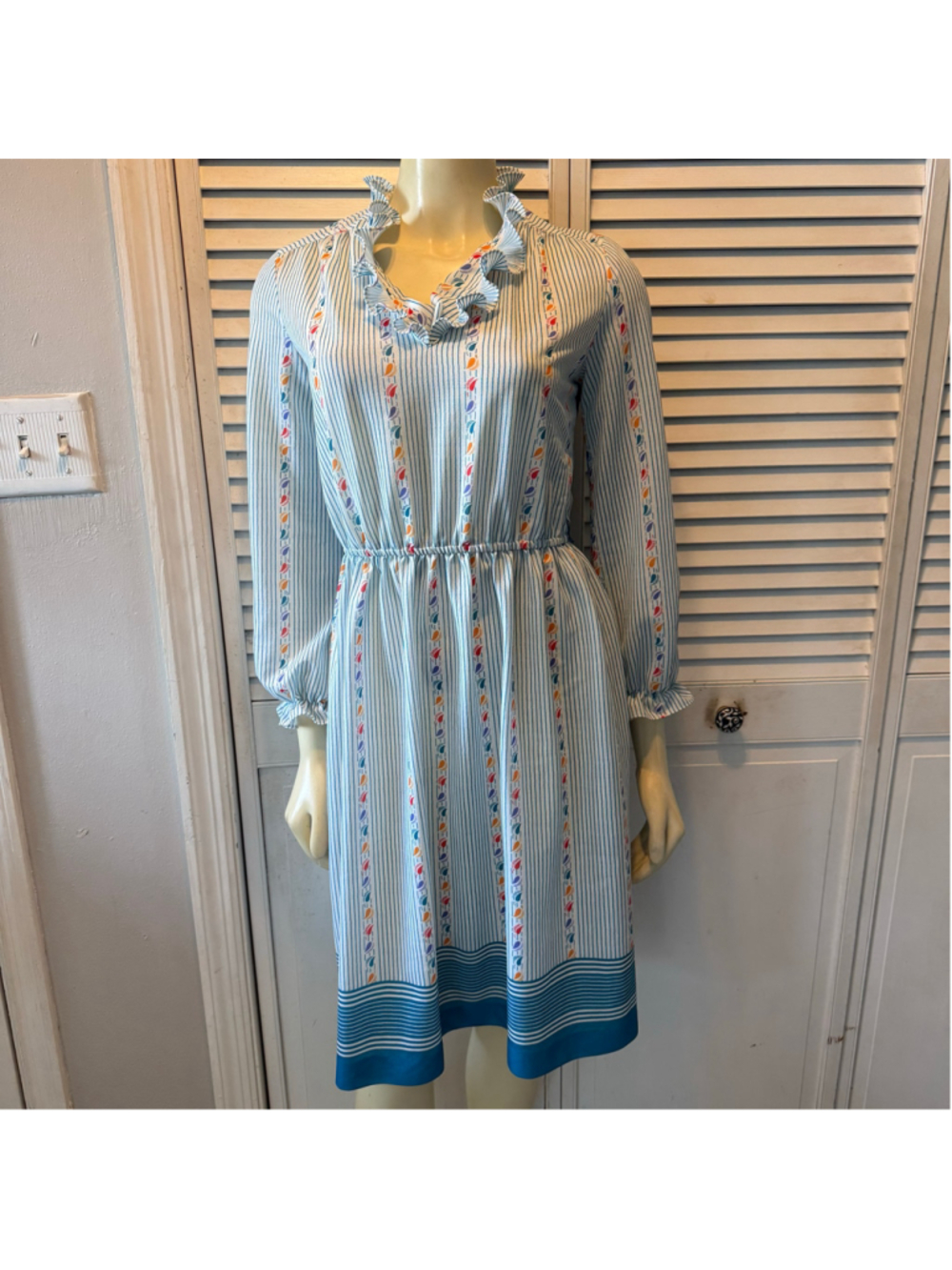 Vintage Cota’s Closet Petite MS Blue Striped Ruffle Neck Dress Women’s Size 8